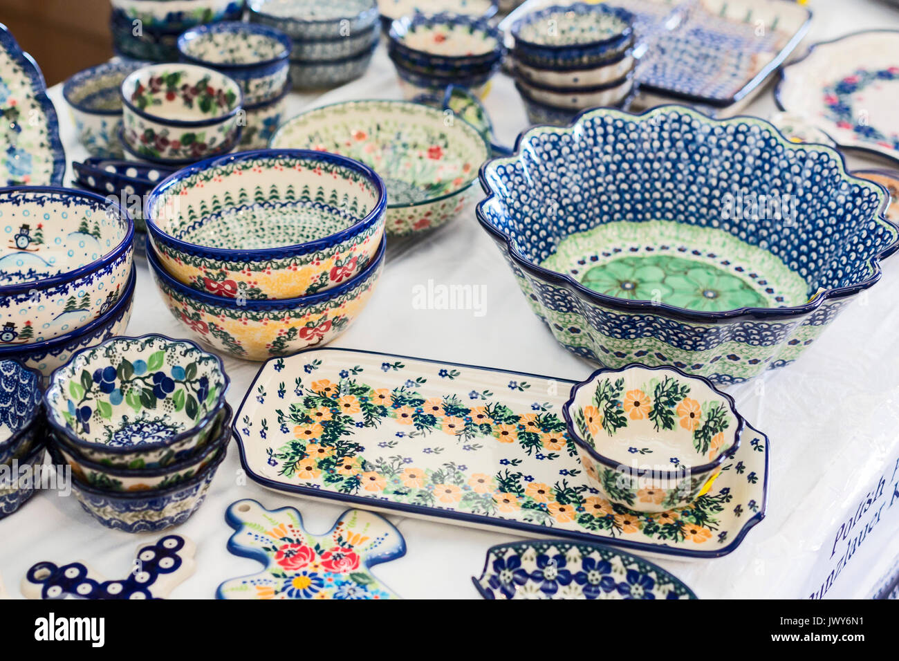 Detroit, Michigan - Polish pottery on sale at the annual Pierogi Festival sponsored by Sweetest Heart of Mary Catholic Church. Thousands of Polish-Ame Stock Photo