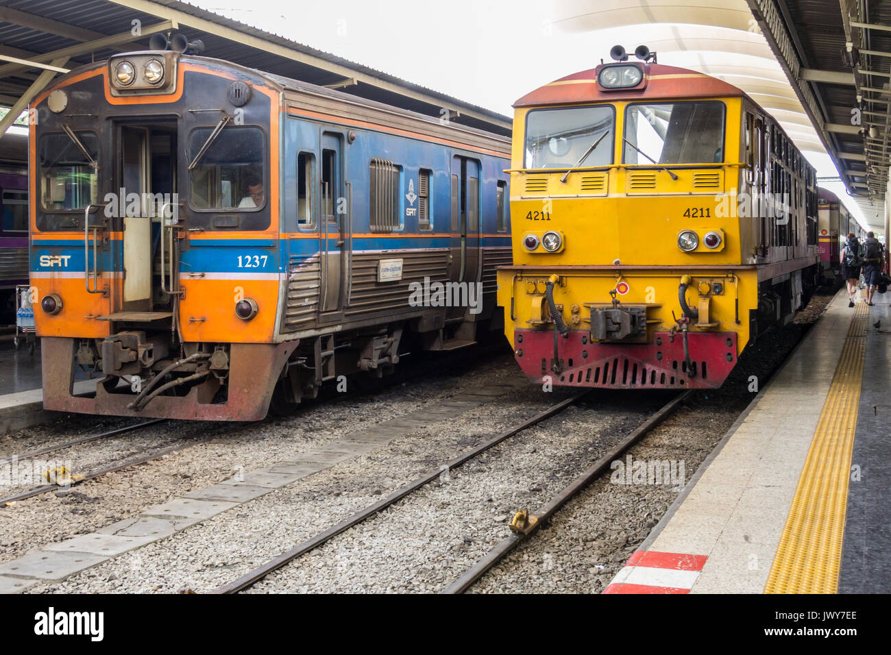 Diesel locomotives stood at platforms, Hua Lamphong railway station, Bangkok, Thailand Stock Photo