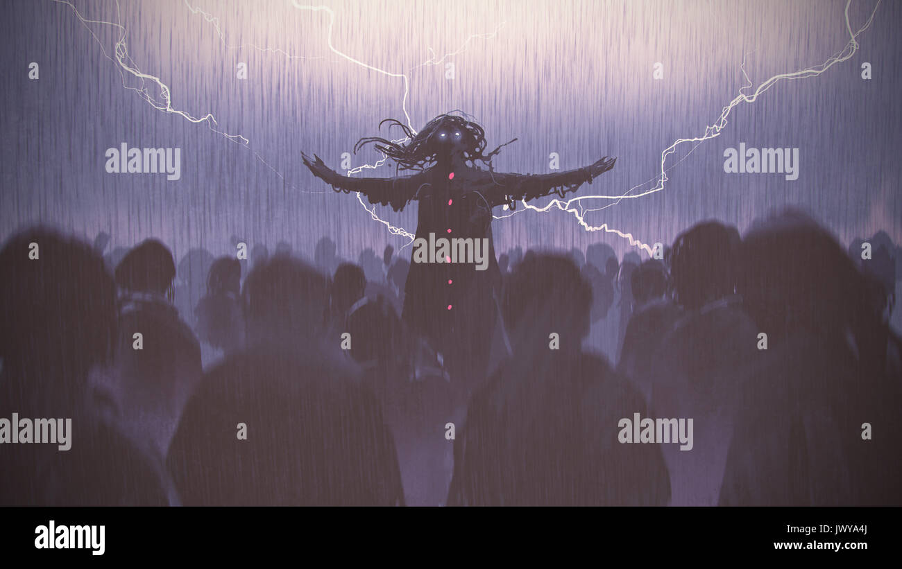 black wizard raising arms standing out from the crowd in the rain, digital art style, illustration painting Stock Photo