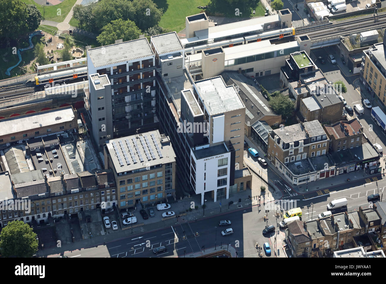aerial view of Ability Plaza & Haggerston Station, London E8, UK Stock