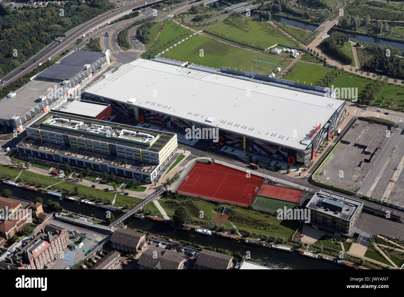 aerial view of Here East, BT Sport HQ & Loughborough University London, UK Stock Photo