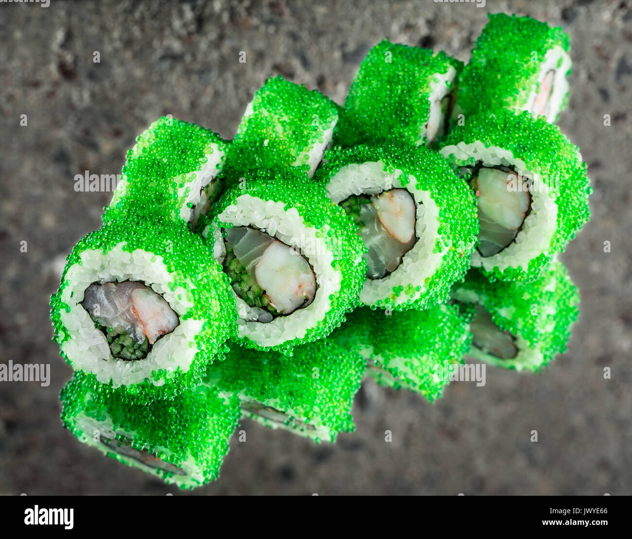 Roll Samurai made with flying fish roe over concrete background Stock ...