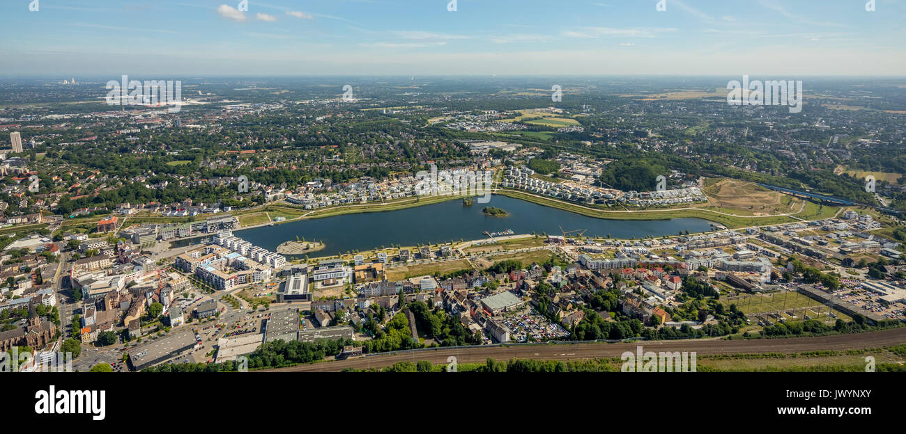 Phoenix Lake Dortmund with castle Horde, new development on the lake, with islands in the lake, Hörder Castle, site of a former steel mill, Dortmund,  Stock Photo