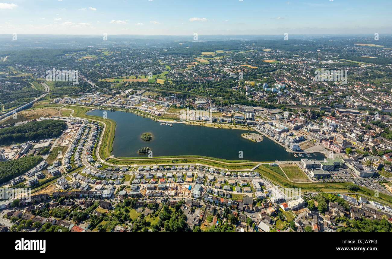 Phoenix Lake Dortmund with castle Horde, new development on the lake, with islands in the lake, Hörder Castle, site of a former steel mill, Dortmund,  Stock Photo