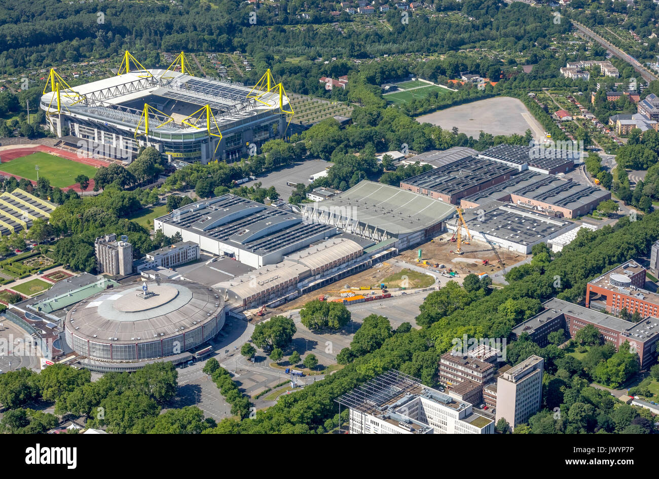 Fair Westfalenhallen Dortmund - entrance Messe West, reconstruction, near westfalenstadion, SignalIdunaPark, Westfalenhalle, Dortmund, Ruhr area, Nort Stock Photo