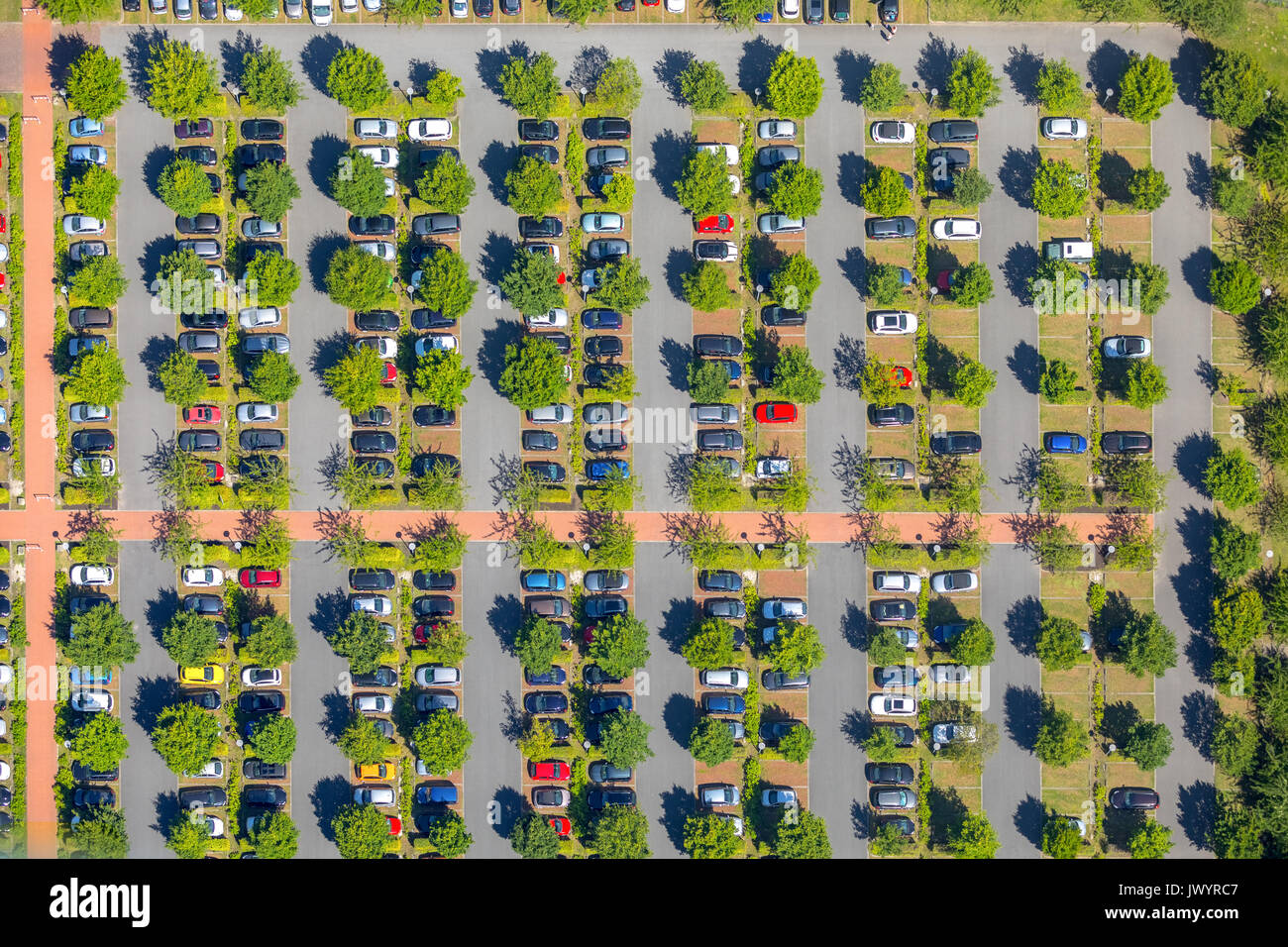 Parking OLG Hamm, Hamm Court, cars under deciduous trees, deciduous trees, colorful cars, pattern, green trees, parked cars, Hamm, Ruhr, Nordrhein-Wes Stock Photo