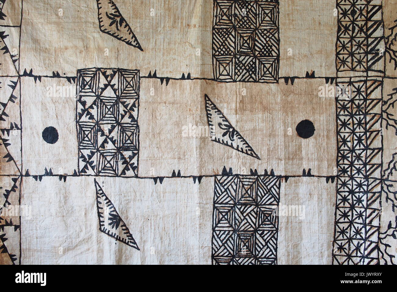 Geometric black and white patterns on a Fijian tapa cloth, 192x140cm. Stock Photo