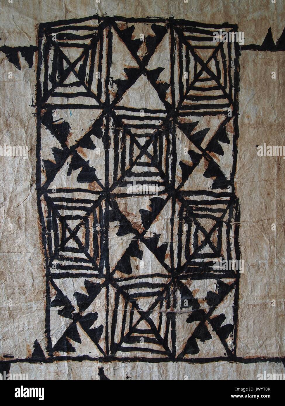 Detail of the geometric patterns on a Fijian tapa cloth. Stock Photo