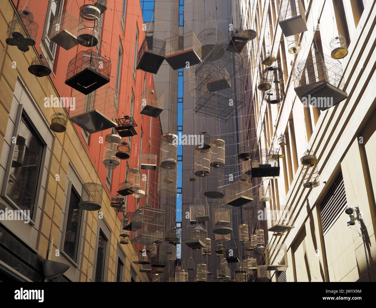Hanging bird cages between Skyscrapers in Sydney, Australia Stock Photo