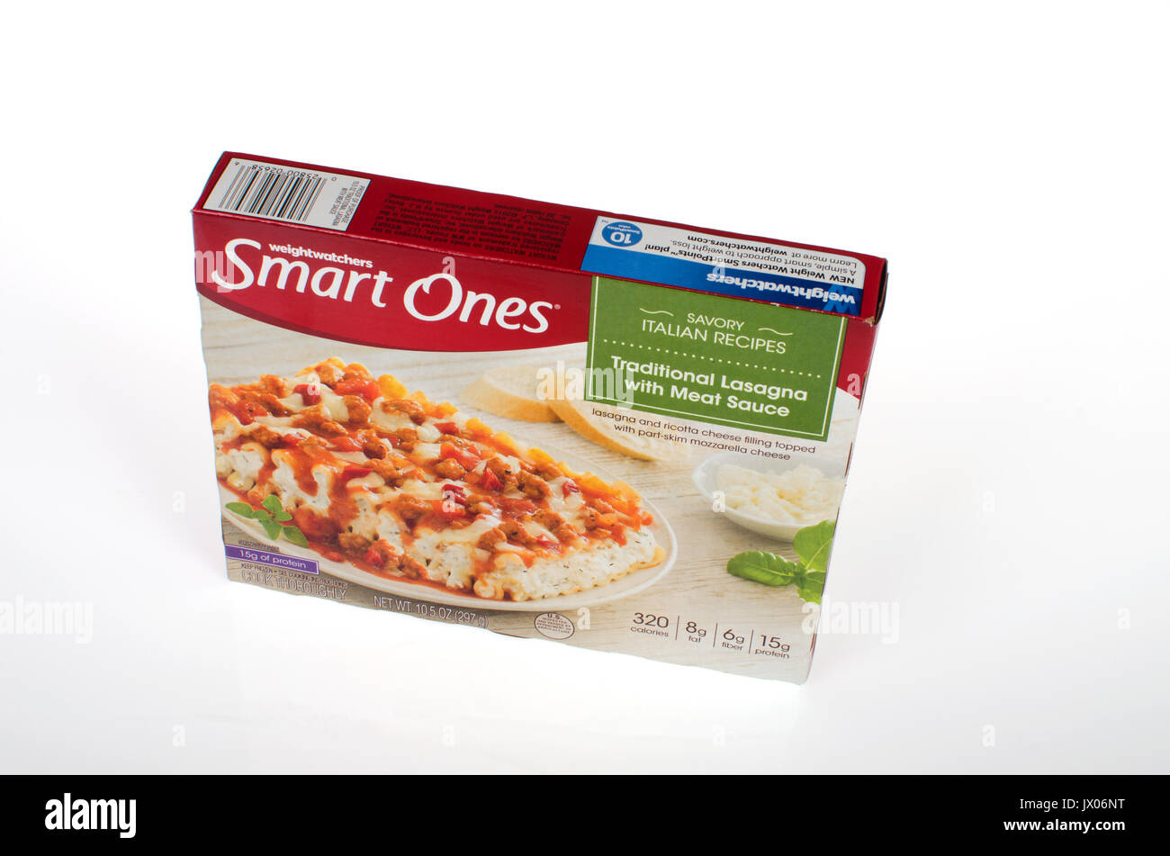Unopend Box of frozen Weight Watchers Smart Ones entree Italian Savory Recipes traditional lasagna  recipe on white backgroud, cut out. USA Stock Photo