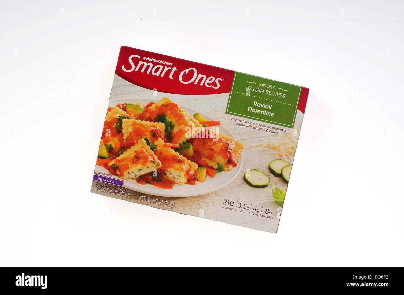 Unopened Box of Weight Watchers Smart Ones Savory Italian Recipes frozen ravioli florentine entree on white background. Cut-out. USA Stock Photo