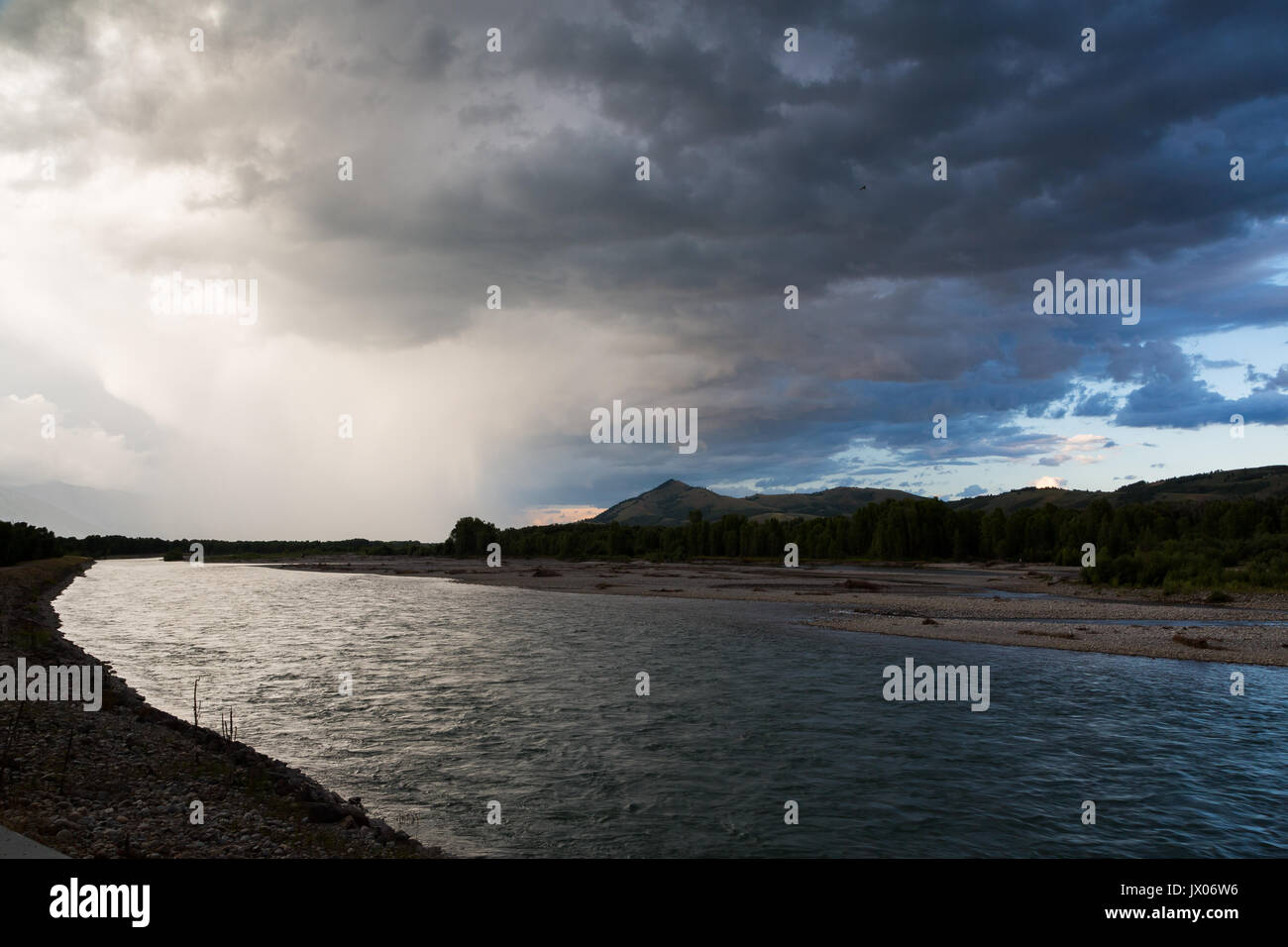 A large thunderstorm passing over the Snake River and Jackson Hole. Rendezvous Park, Wyoming Stock Photo
