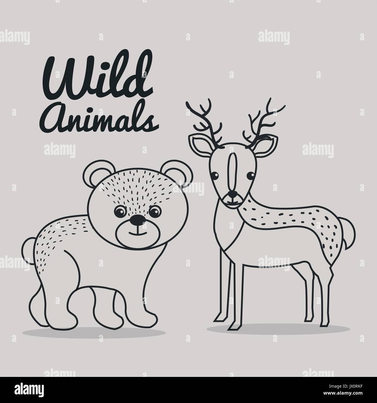 hand drawn bear and deer uncolored wild animals over white background