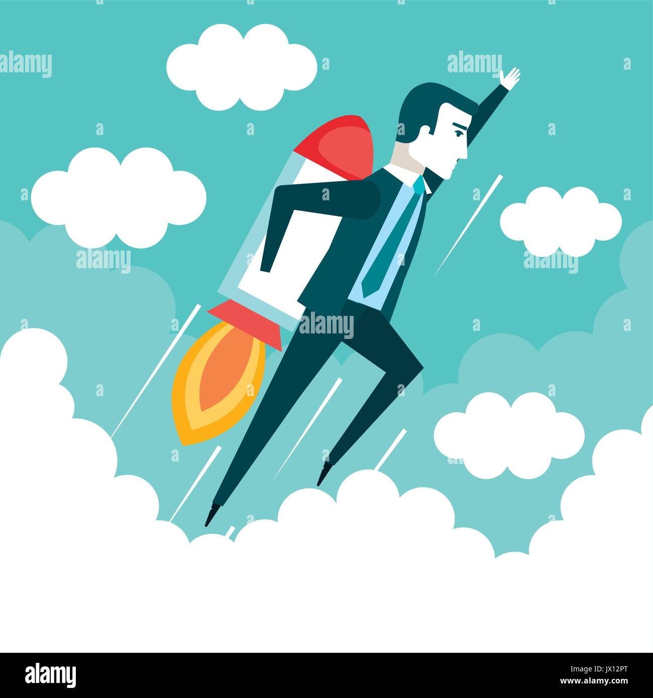 success in business start up businessman is flying on the rocket up ...