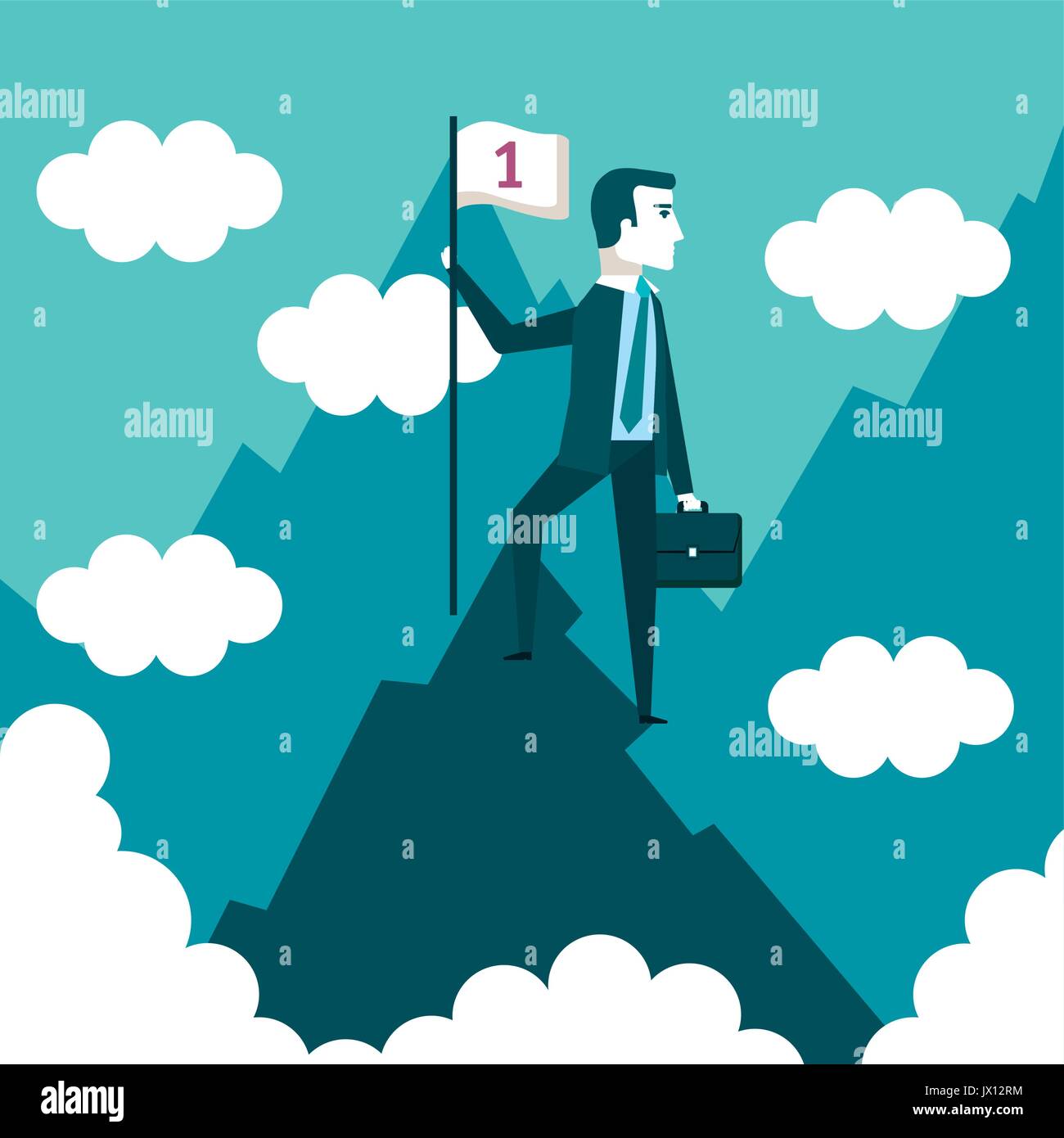 successful businessman holding flag on top of mountain success concept ...