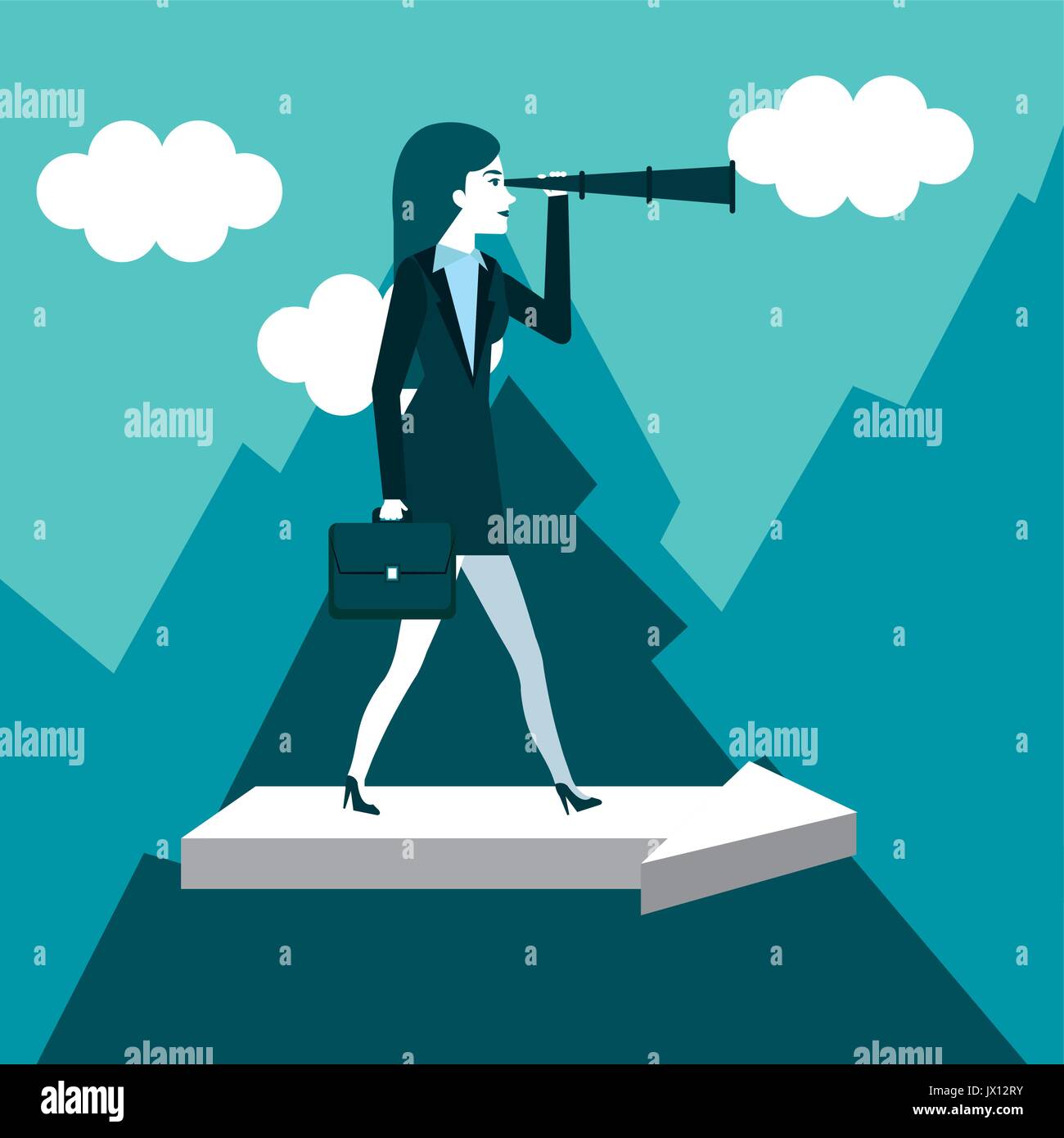business woman has a telescope standing on arrow vector illustration ...
