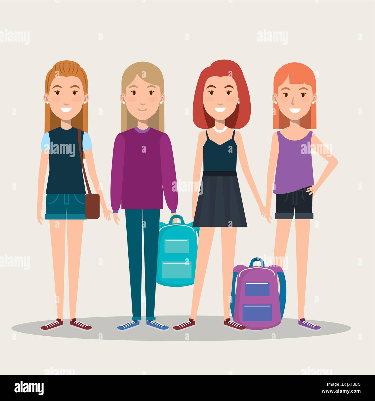 group of full height girls students with bags casual clothes vector illustration Stock Vector