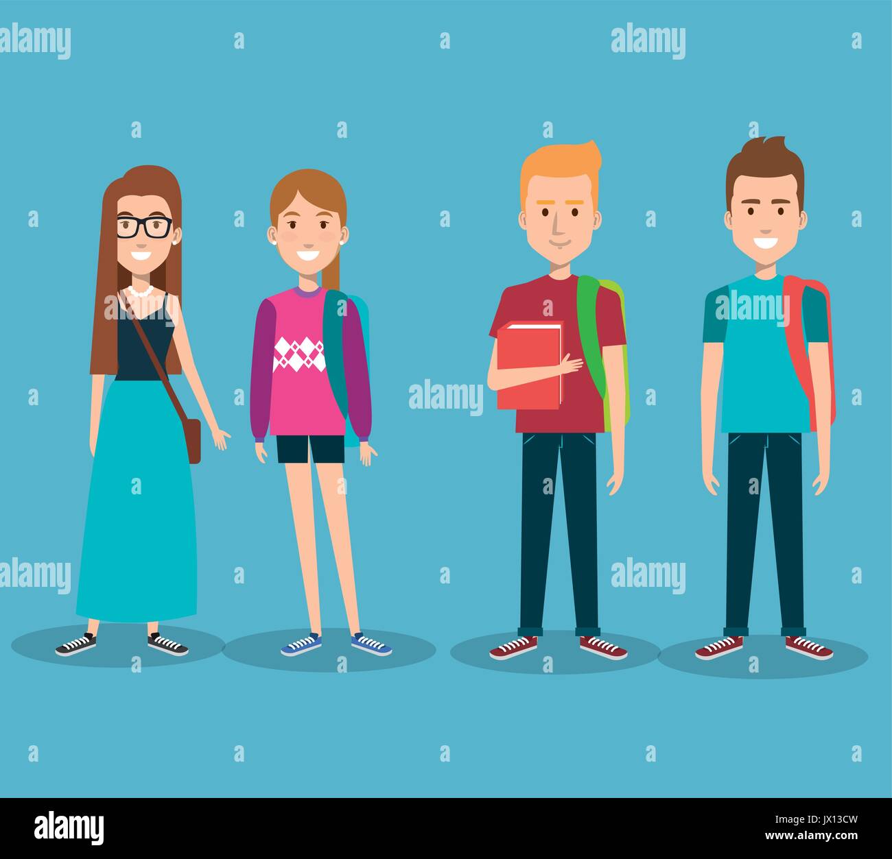group of happy students with book backpacks characters vector ...