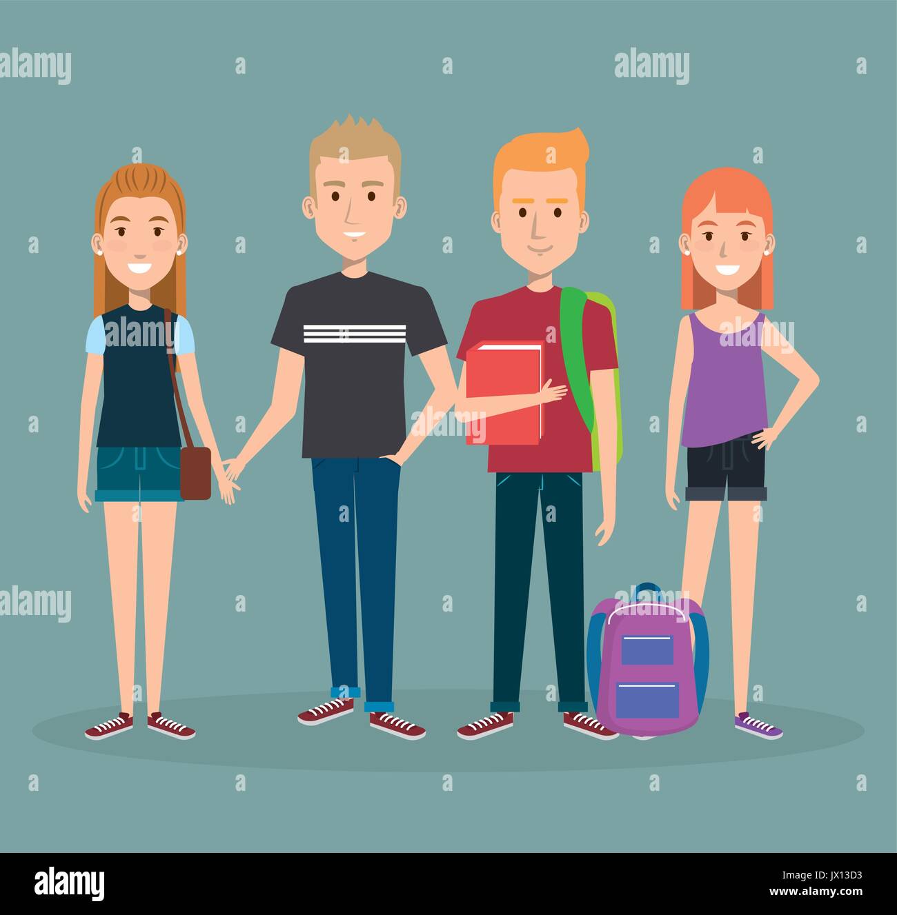 group of happy students with book backpacks characters vector ...