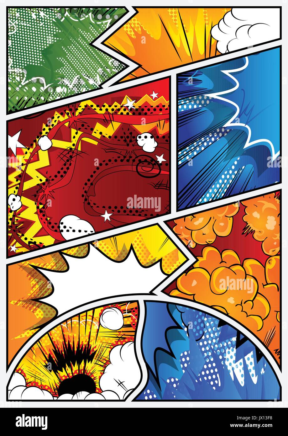 Vector pop-art style comic book page template with explosions, halftone  effects and rays Stock Vector Image & Art - Alamy