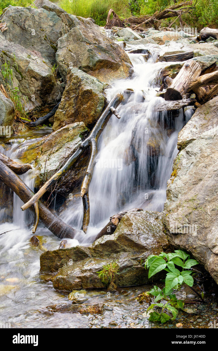 Closeup of Beautiful Waterfall Stream Flowing among Stones Stock Photo