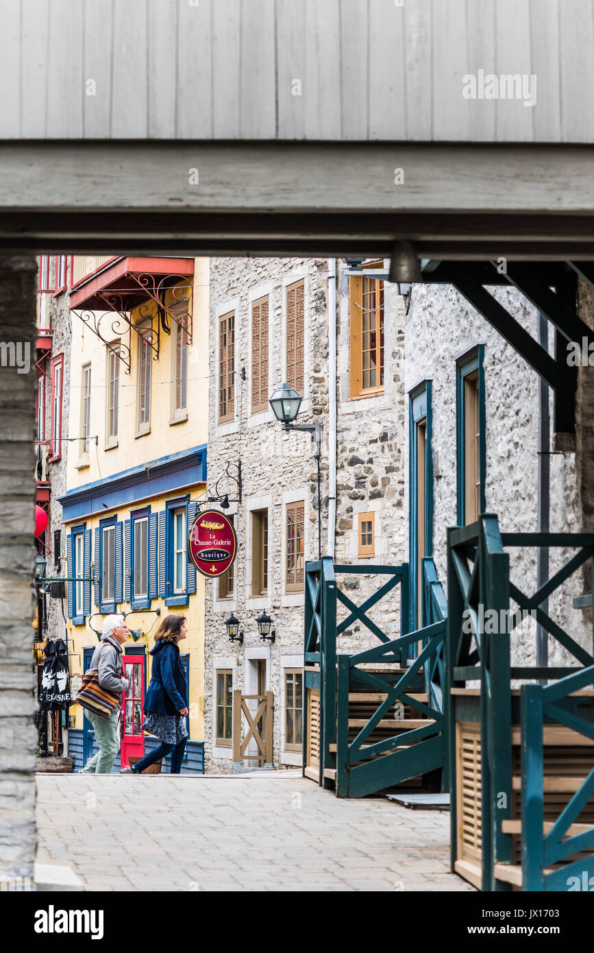 Quebec City, Canada - May 30, 2017: Lower old town cobblestone street called Sous le Fort with restaurants and Boutique La Chasse-galerie Stock Photo