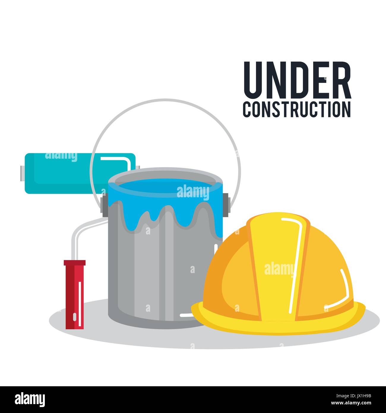 under construction poster paint roller bucket and helmet vector ...