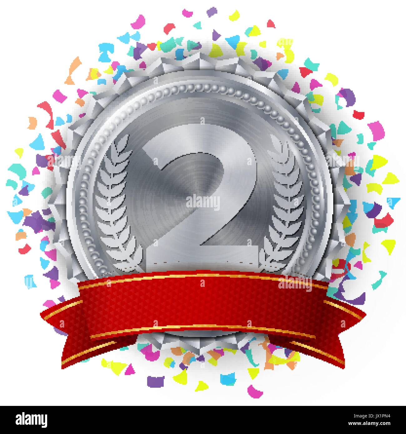 Silver Medal Vector. Silver 2nd Place. Competition Challenge Award. Falling Bright Confetti. Red Ribbon. Isolated. Olive Branch. Realistic Illustration. Stock Vector