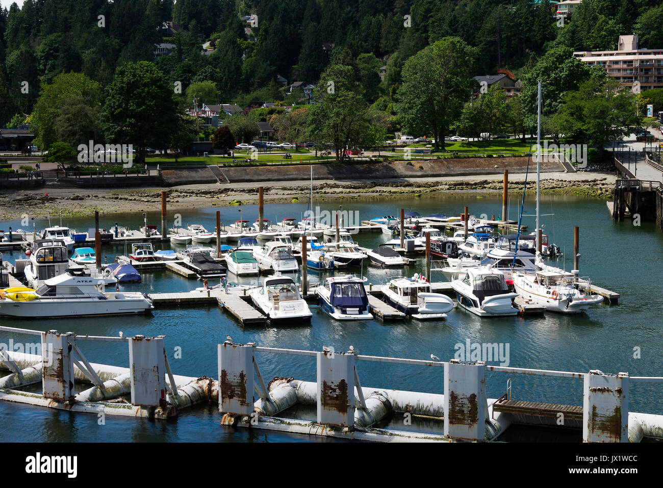 A Marina With Private Yachts ,Cabin Cruisers and Luxury Boats at Horseshoe Bay near BC Ferries Ferry Terminal in British Columbia Canada Stock Photo