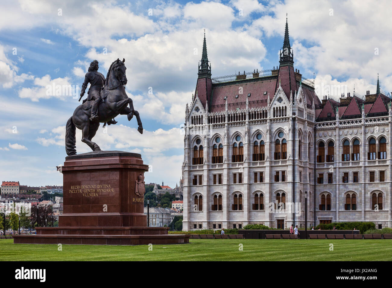 Statue of Ferenc Rakoczi II against net-gothic Hungarian Parliament building designed by Imre Steindl Stock Photo