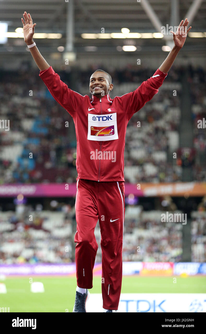 Qatar's Mutaz Essa Barshim on the podium with his gold medal for the Men's High jump final during day ten of the 2017 IAAF World Championships at the London Stadium. PRESS ASSOCIATION Photo. Picture date: Sunday August 13, 2017. See PA story ATHLETICS World. Photo credit should read: Jonathan Brady/PA Wire. Stock Photo