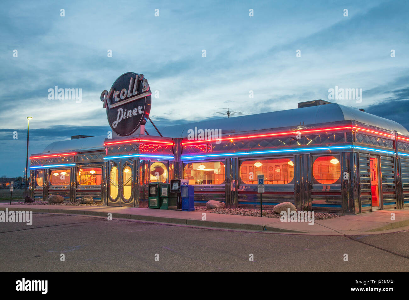 Krolls neon-lit diner at twilight in Minot,, North dakota. Stock Photo