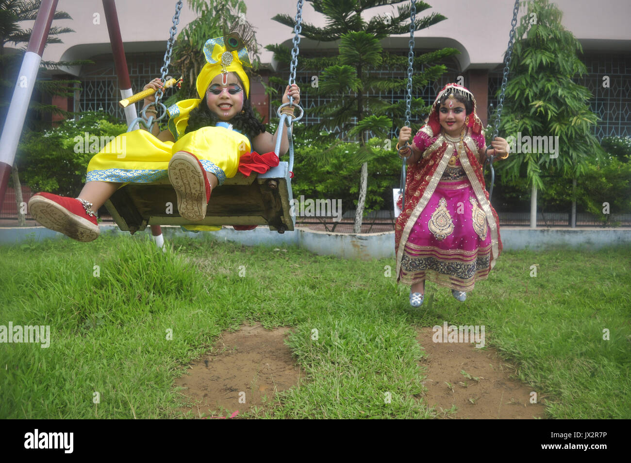 Agartala, India. 14th Aug, 2017. Indian school children dressed as Lord Krishna for a competition during Janmashtami celebration at a school in Agartala, the capital of northeastern state of Tripura. Krishna Janmashtami also known as Gokulashtami, is an annual Hindu festival that celebrates the birth of Krishna, the eighth avatar of Lord Vishnu. Credit: Abhisek Saha/Pacific Press/Alamy Live News Stock Photo