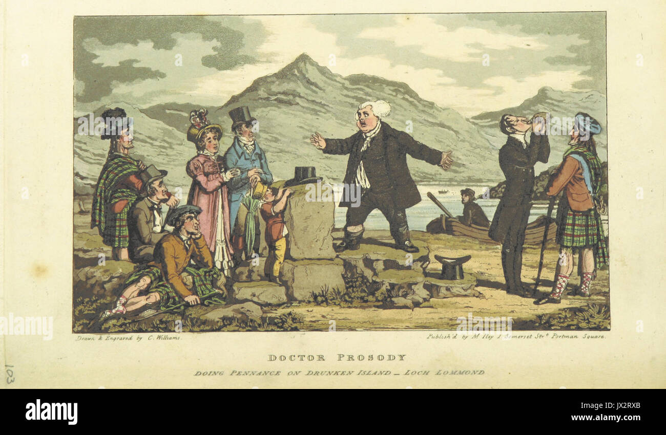 Dr Prosody(1821) p128   Doctor Prosody doing Pennance on Drunken Island, Loch Lommond Stock Photo