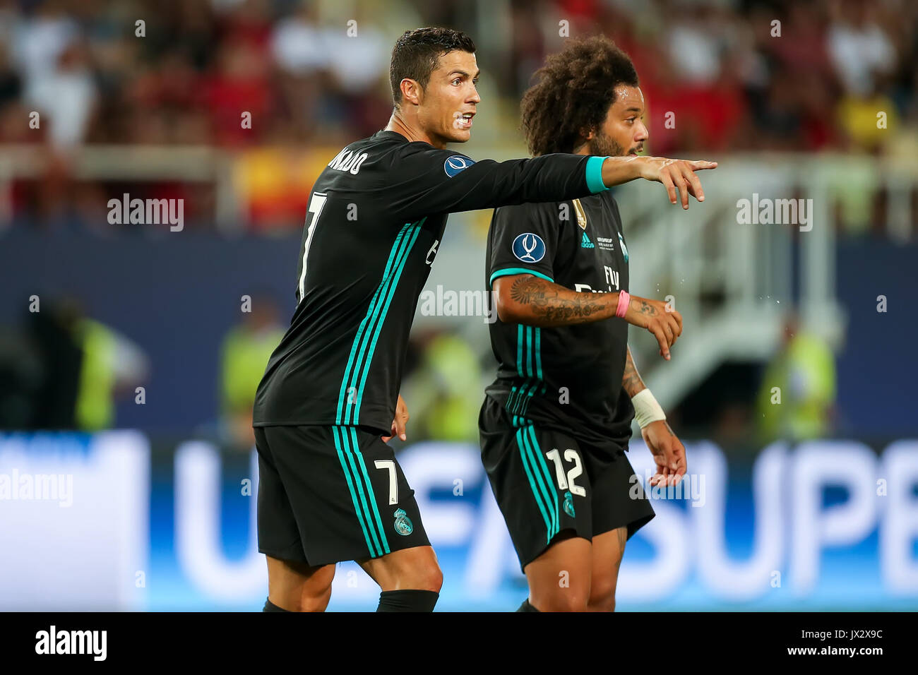Skopje Fyrom August 8 17 Real Madrid Cristiano Ronaldo L And Marcelo R During The Uefa Super Cup Final Match Between Real Madrid And Manches Stock Photo Alamy