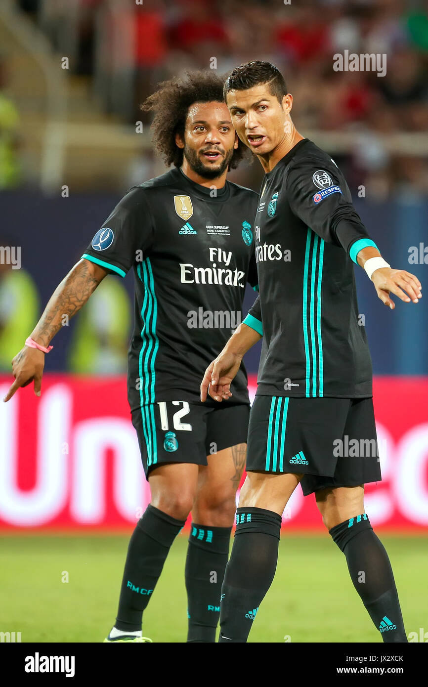 Skopje Fyrom August 8 17 Real Madrid Cristiano Ronaldo R And Marcelo L During The Uefa Super Cup Final Match Between Real Madrid And Manches Stock Photo Alamy