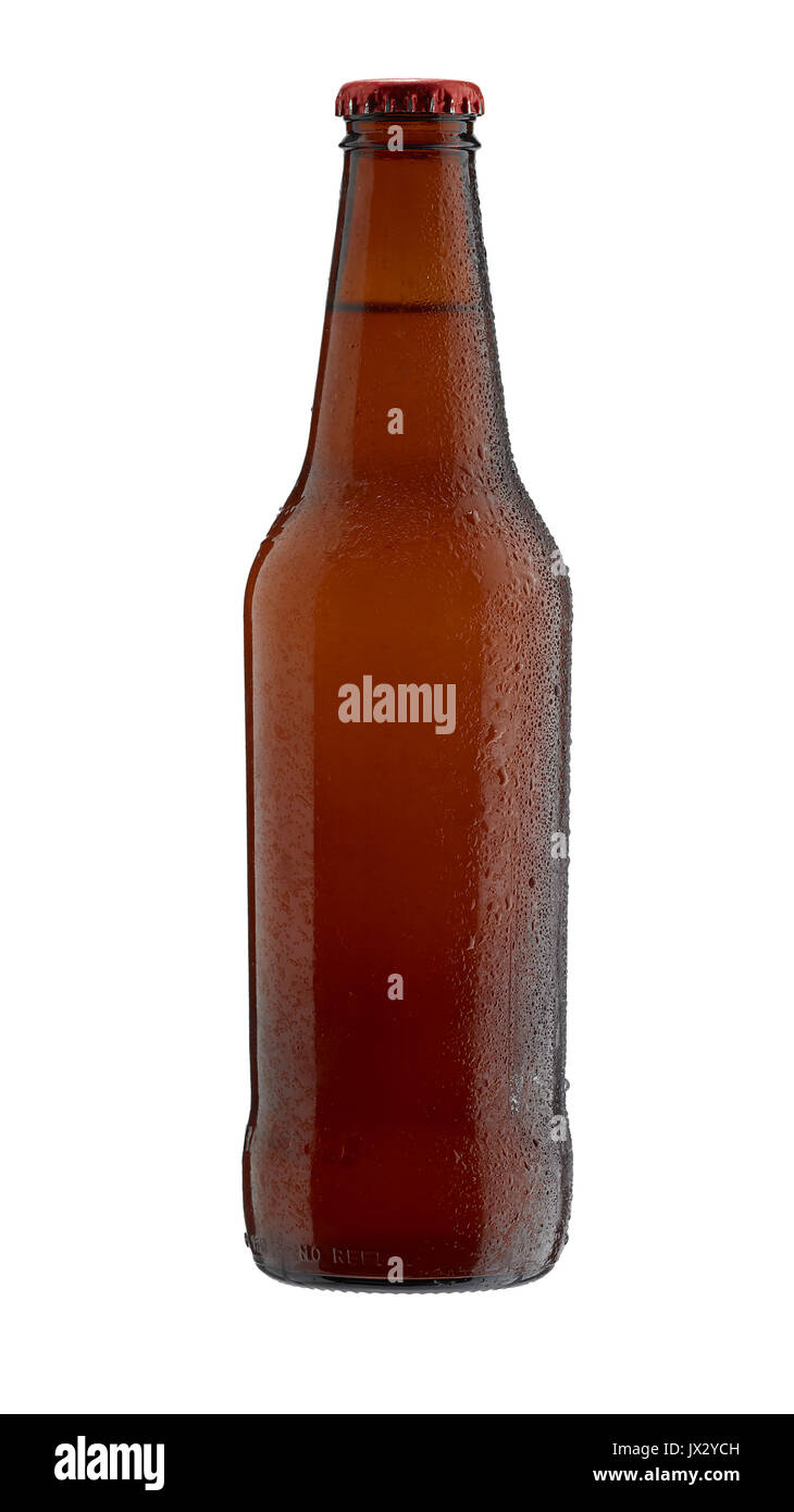 clear cut product shot mock up of brown frosted beer bottle. Stock Photo