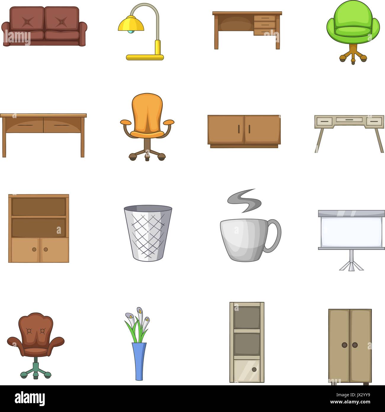Office furniture interior icons set, cartoon style Stock Vector Image ...