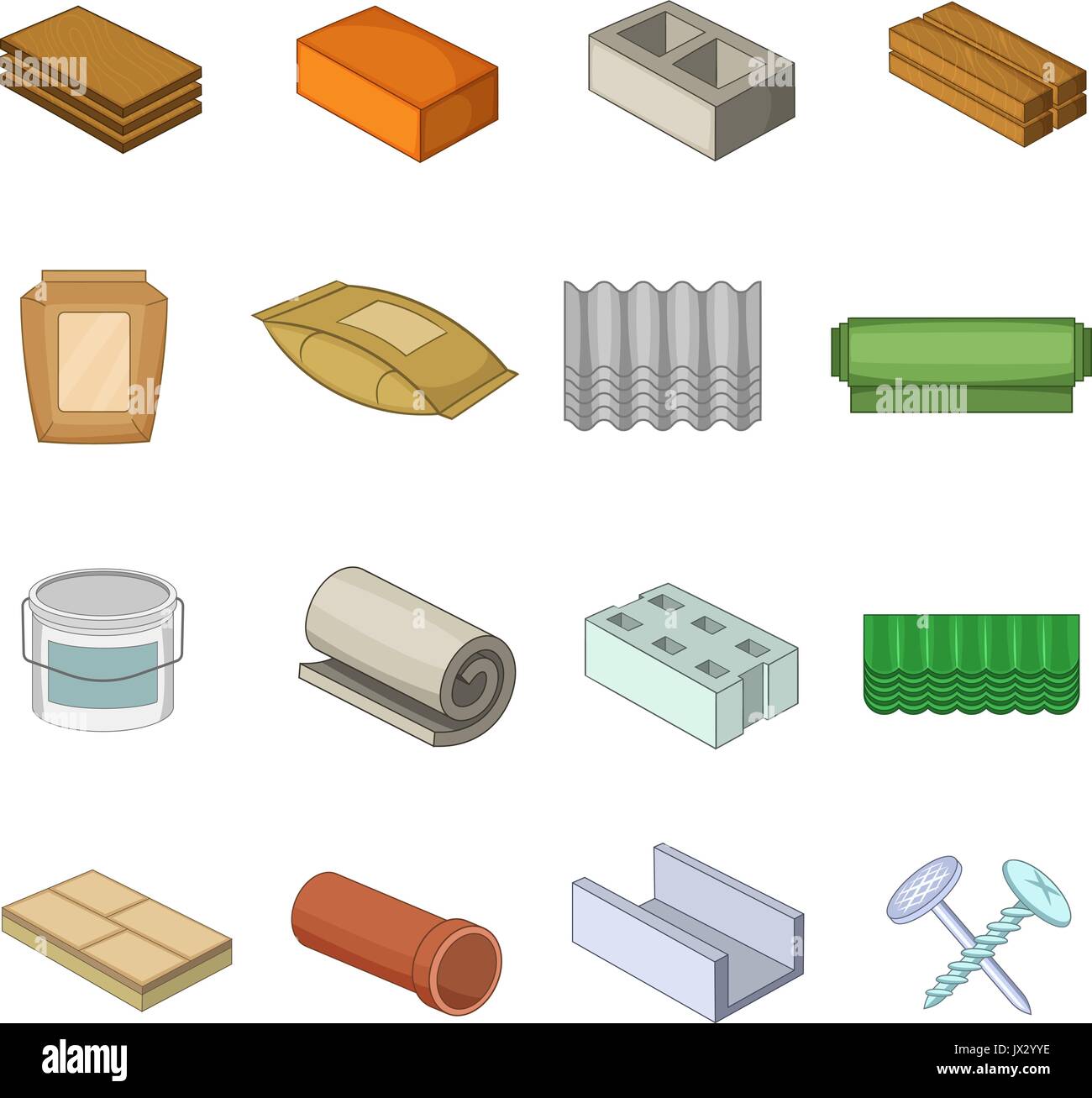 Building material icons set, cartoon style Stock Vector