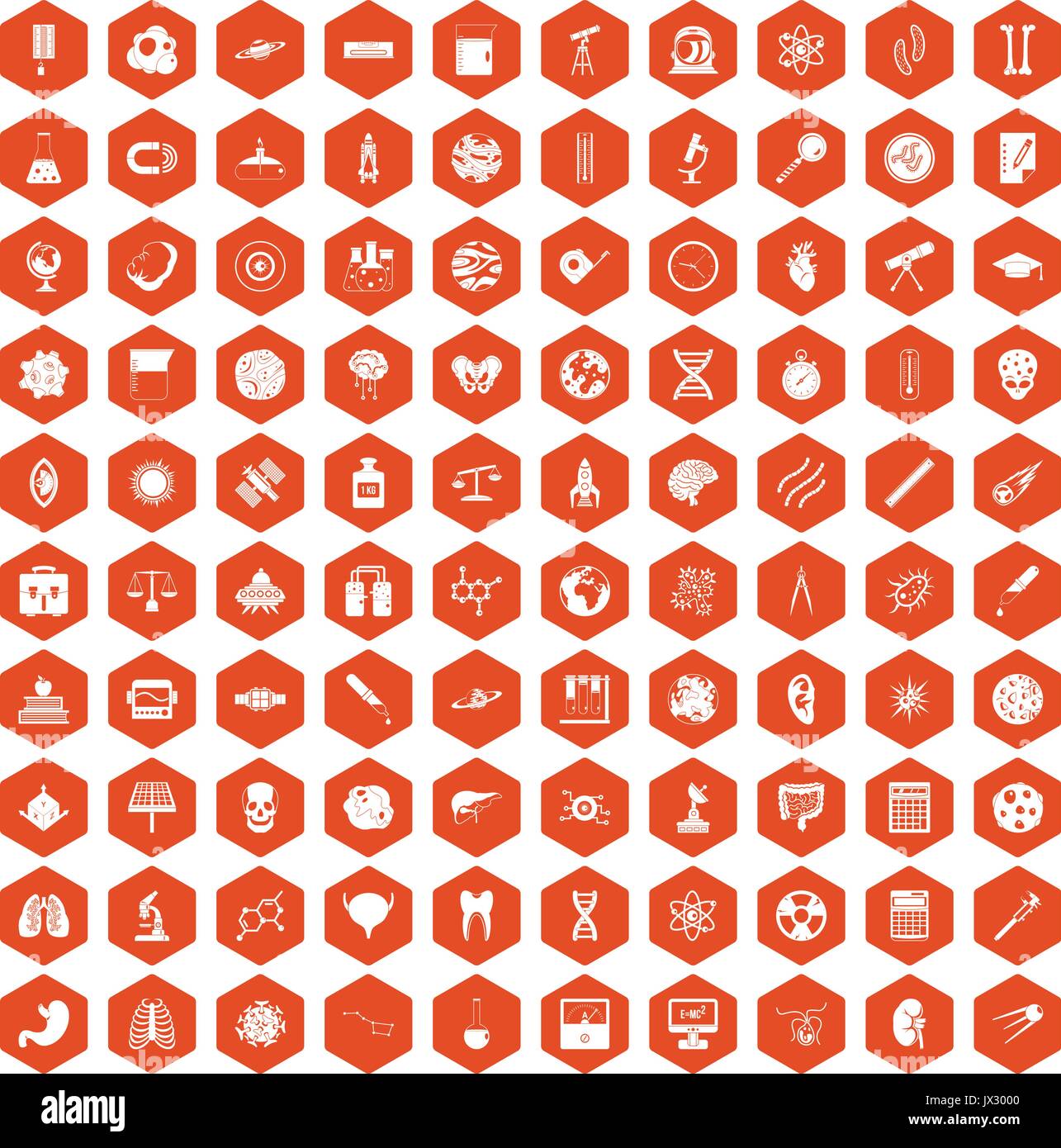 100 science icons hexagon orange Stock Vector
