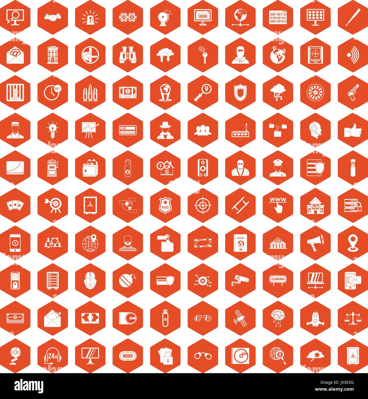 100 security icons hexagon orange Stock Vector