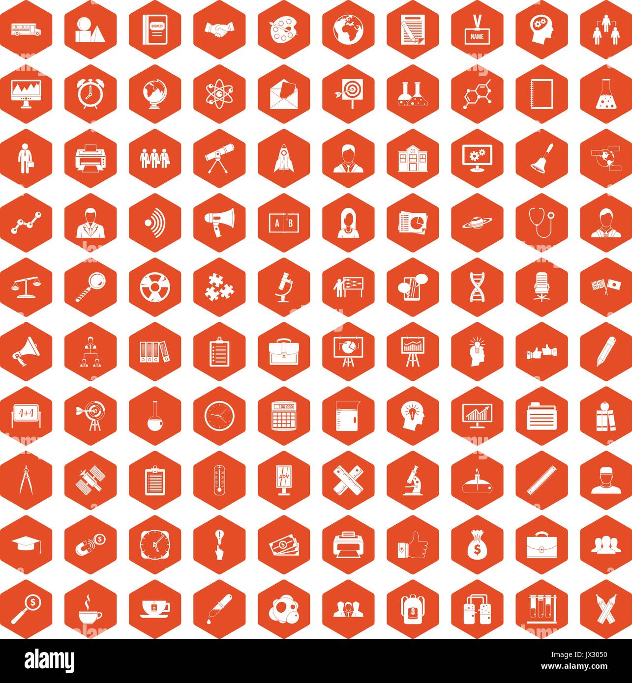 100 seminar icons hexagon orange Stock Vector