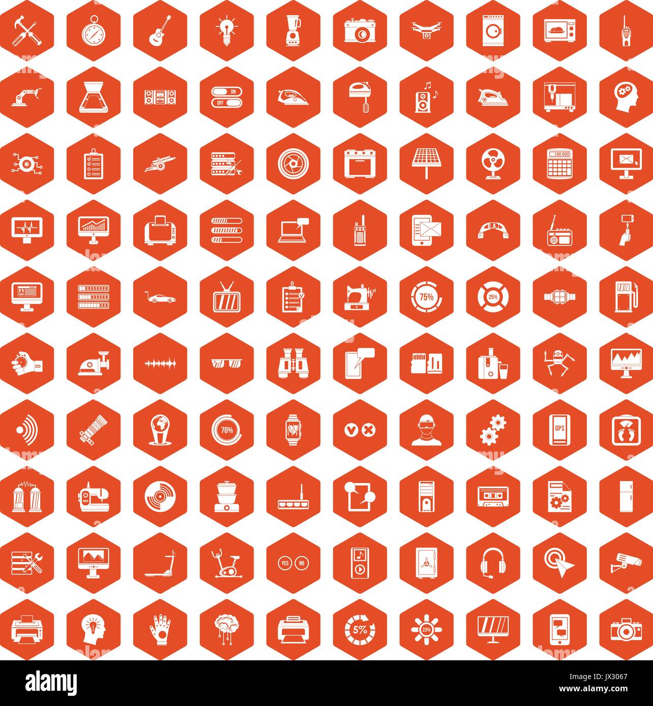 100 settings icons hexagon orange Stock Vector