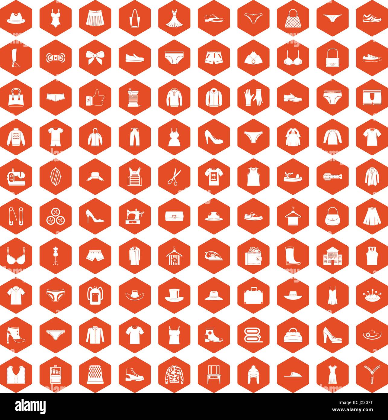 100 sewing icons hexagon orange Stock Vector