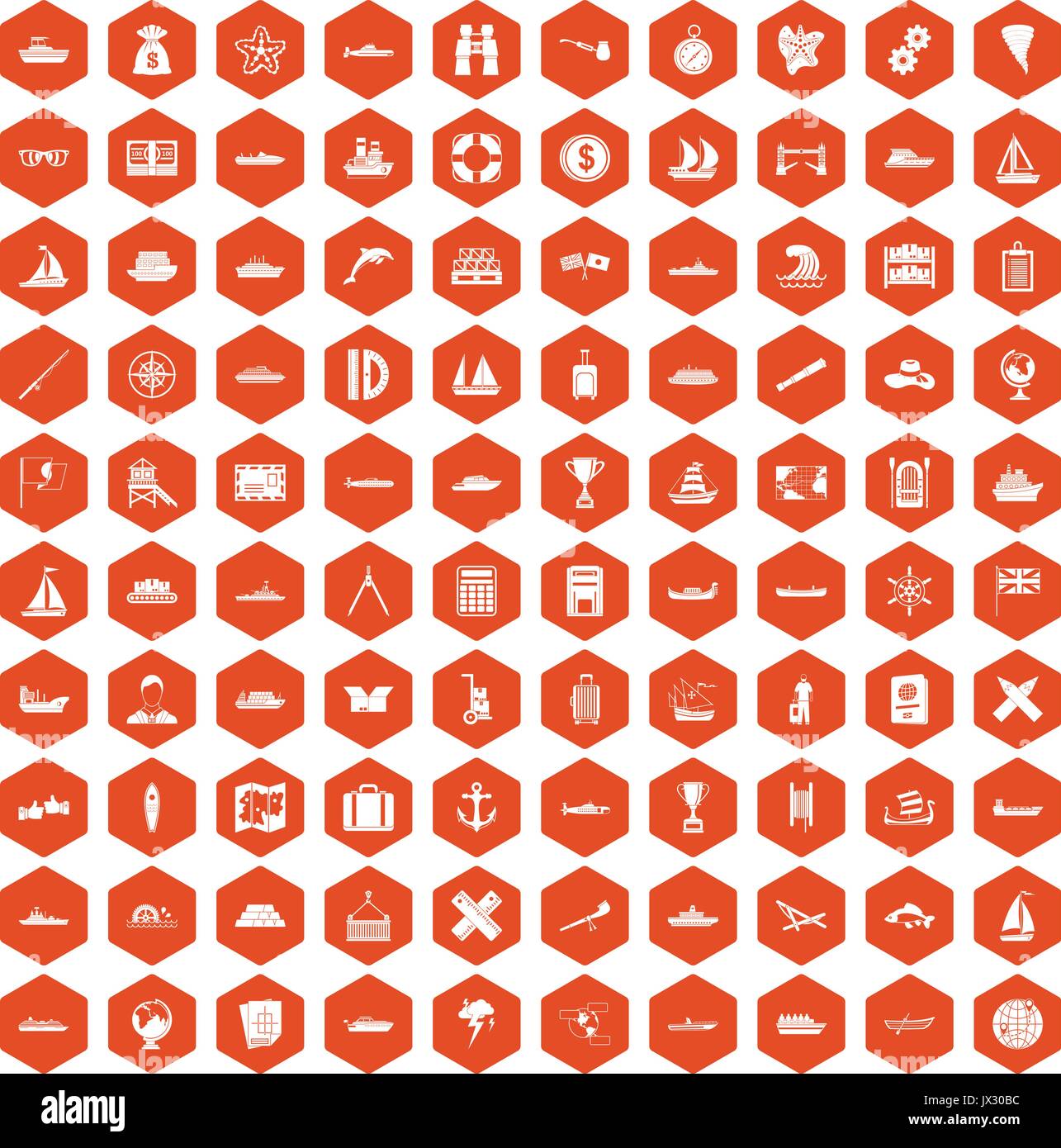 100 shipping icons hexagon orange Stock Vector