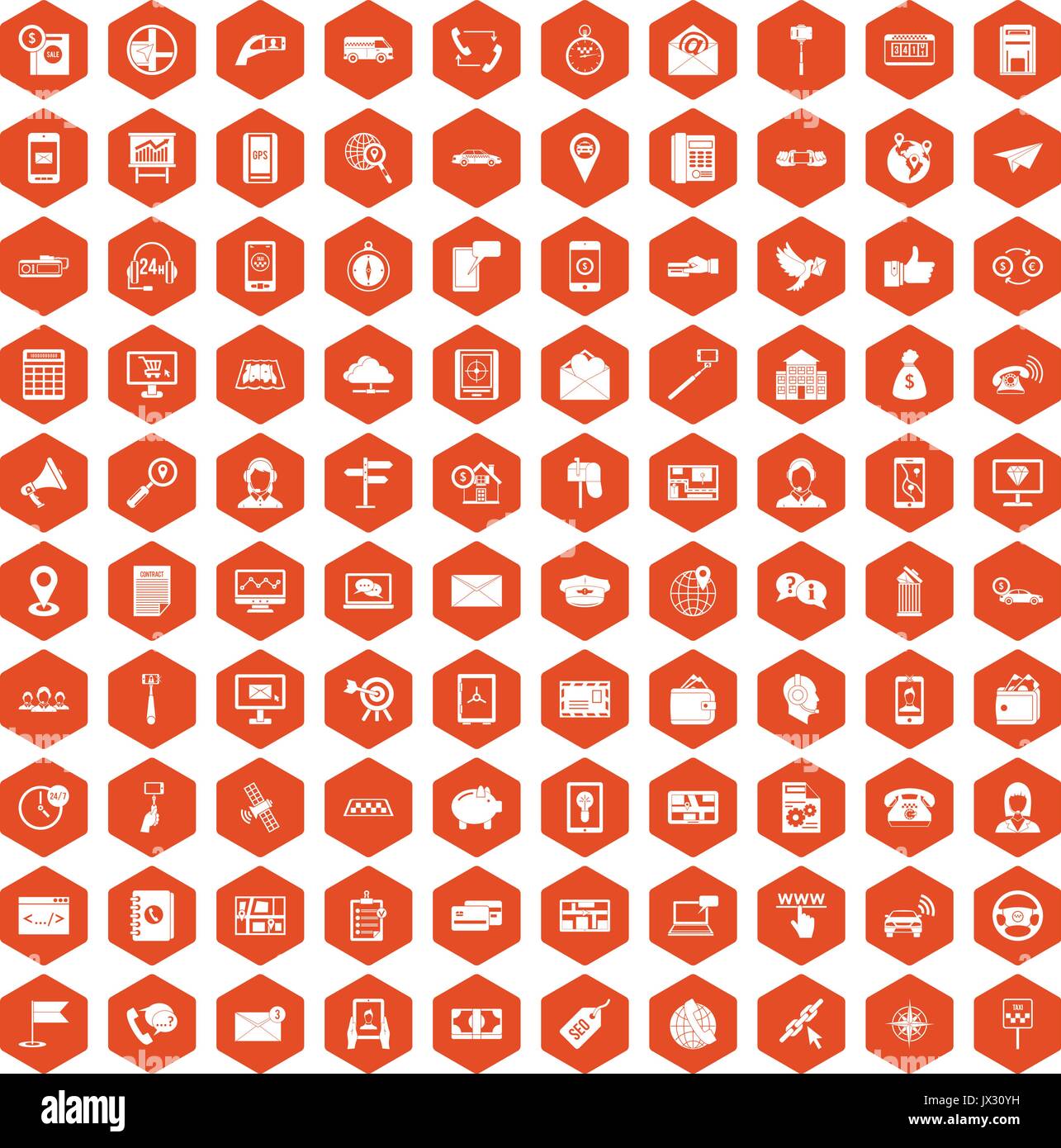 100 smartphone icons hexagon orange Stock Vector