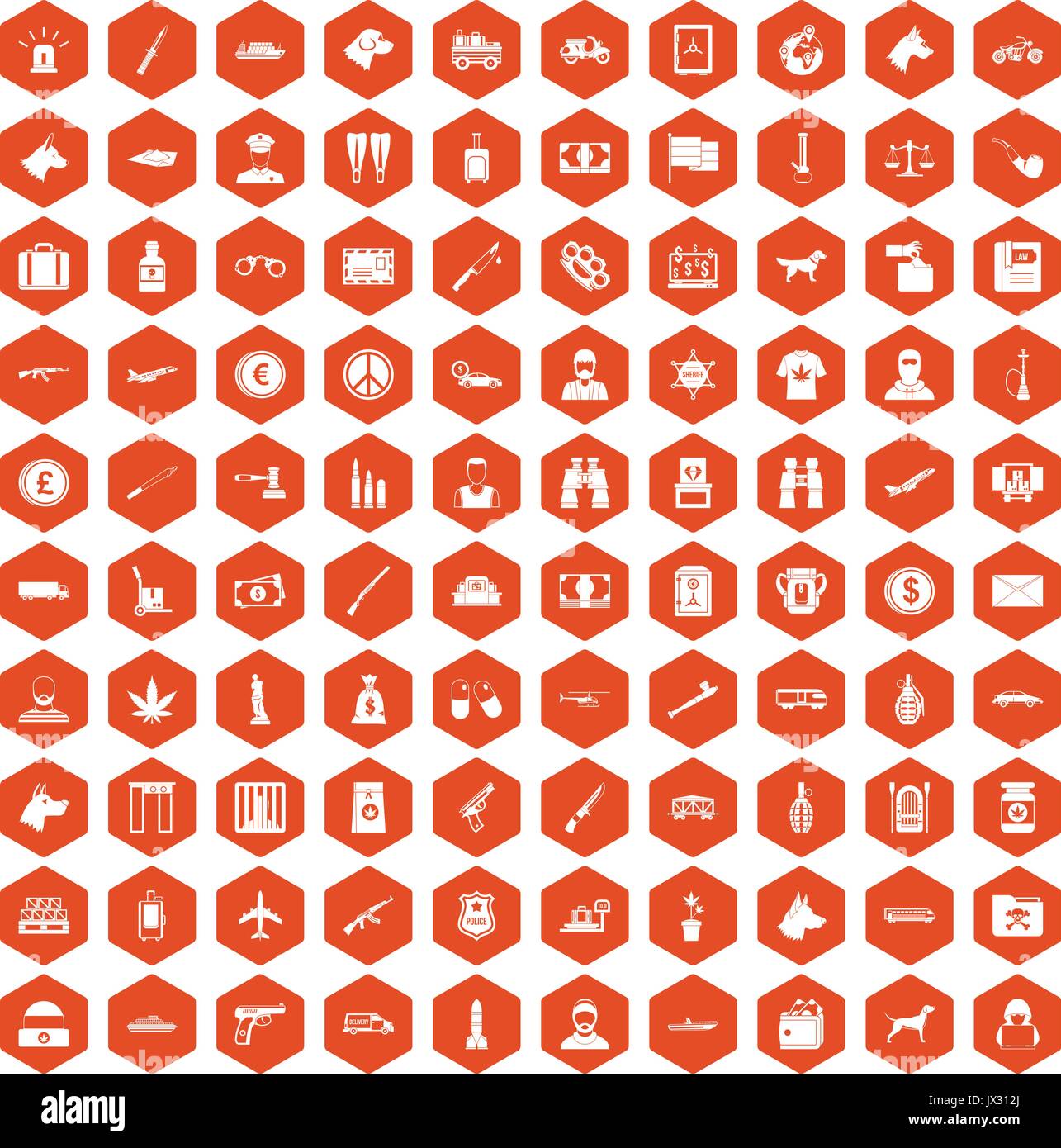 100 smuggling icons hexagon orange Stock Vector