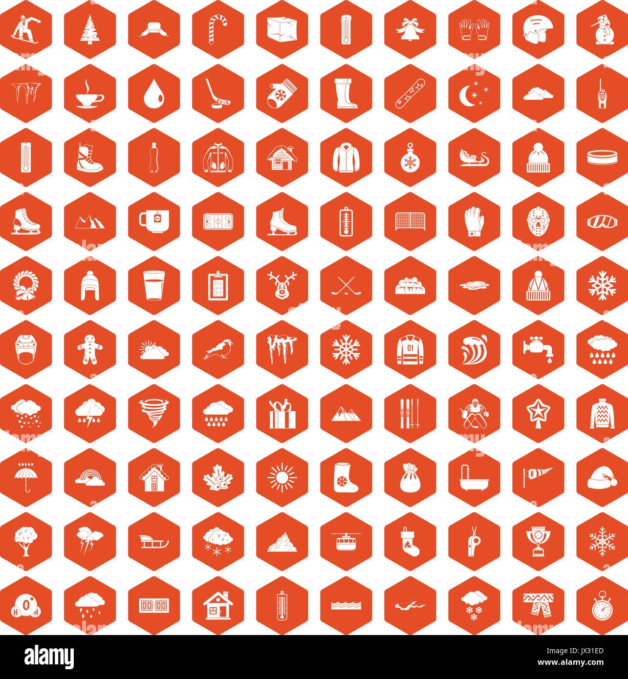 100 snow icons hexagon orange Stock Vector
