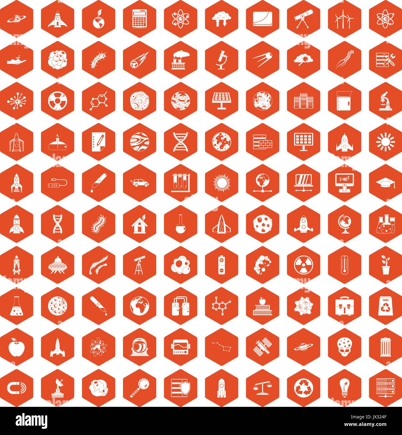 100 space icons hexagon orange Stock Vector