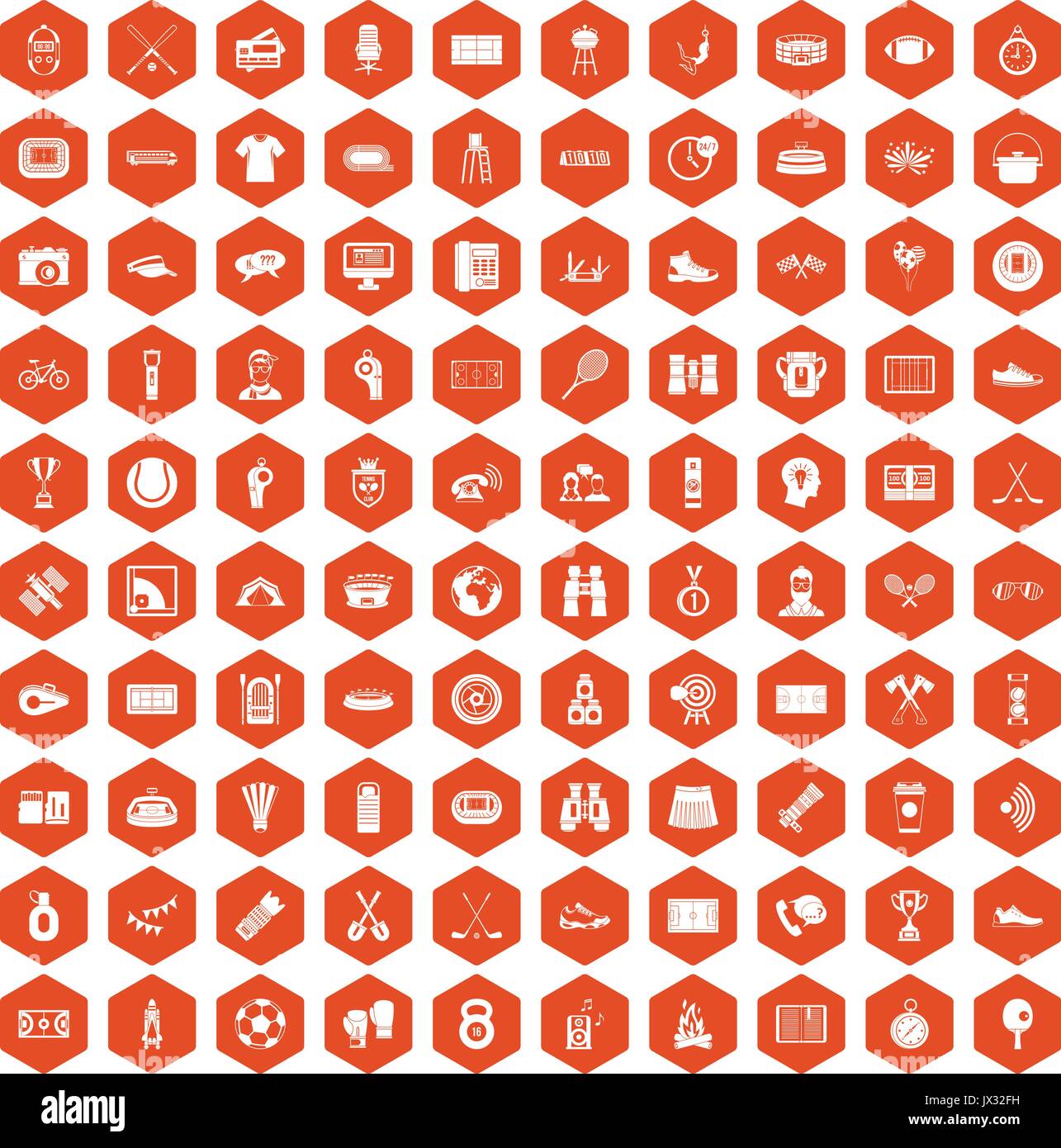 100 sport journalist icons hexagon orange Stock Vector